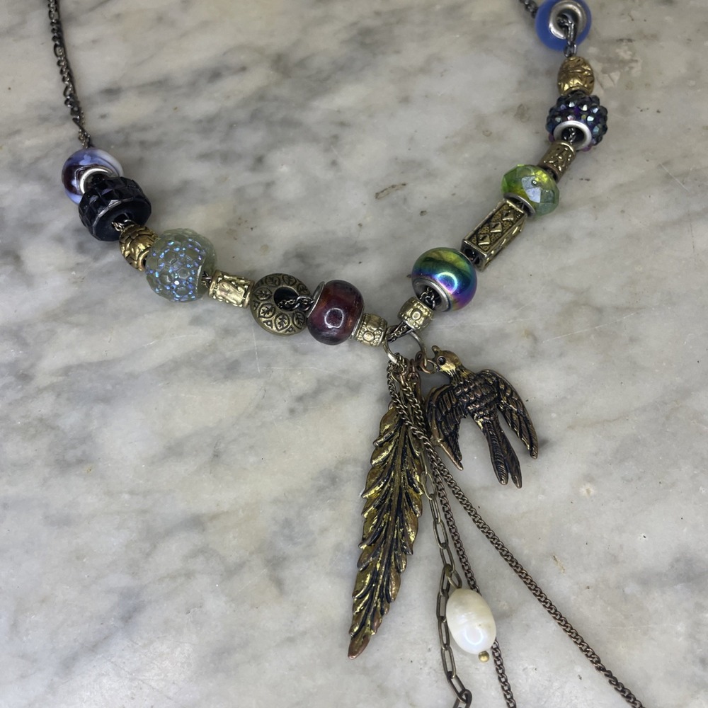 Boho Chic Boutique OOAK Necklace | Mixed Media Artisan Beads Metallic Charms Dro
